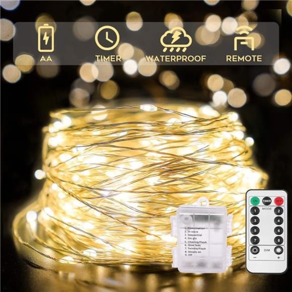 66ft 200 LED Outdoor String Lights, Warm White Fairy Lights Battery Operated - Picture 1 of 6